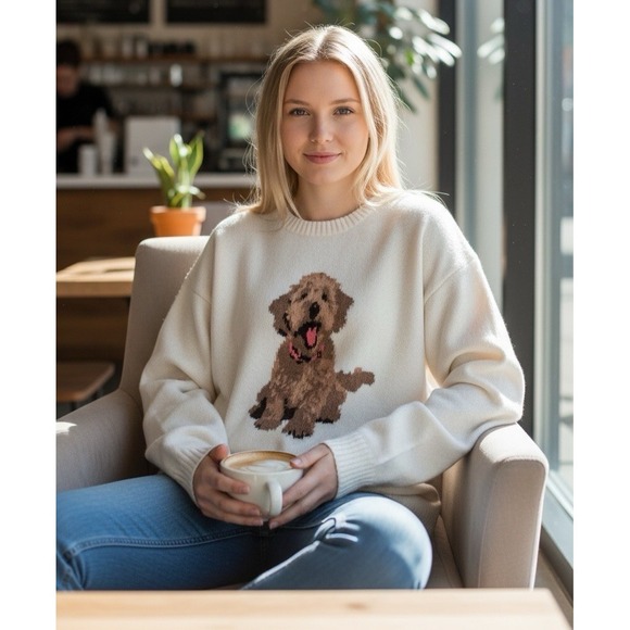 Hollister Sweaters - Hollister Cream Goldendoodle Dog Sweater Oversized Women's M Cozy Whimsical Cute
